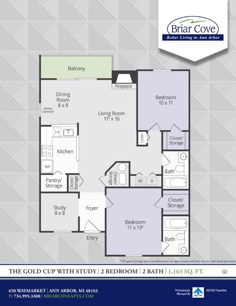Floor plan for 2 beds, 2 baths, 1163 sqft